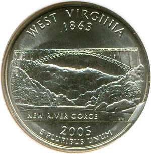 image for: 2005-P 25c West Virginia NGC MS64 - Reverse Die Break @ 4:00