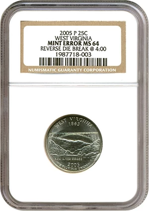image for: 2005-P 25c West Virginia NGC MS64 - Reverse Die Break @ 4:00