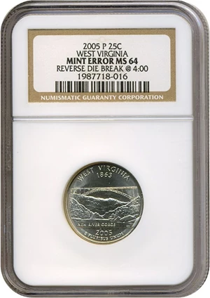 image for: 2005-P 25c West Virginia NGC MS64 - Reverse Die Break @ 4:00