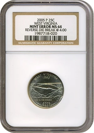 image for: 2005-P 25c West Virginia NGC MS64 - Reverse Die Break @ 4:00