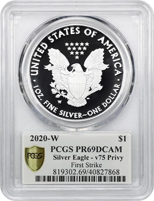 image for: 2020-W Silver Eagle $1 PCGS Proof 69 DCAM (v75 Privy End of WWII Anniversary)