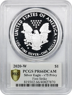 image for: 2020-W Silver Eagle $1 PCGS Proof 66 DCAM (v75 Privy End of WWII Anniversary)