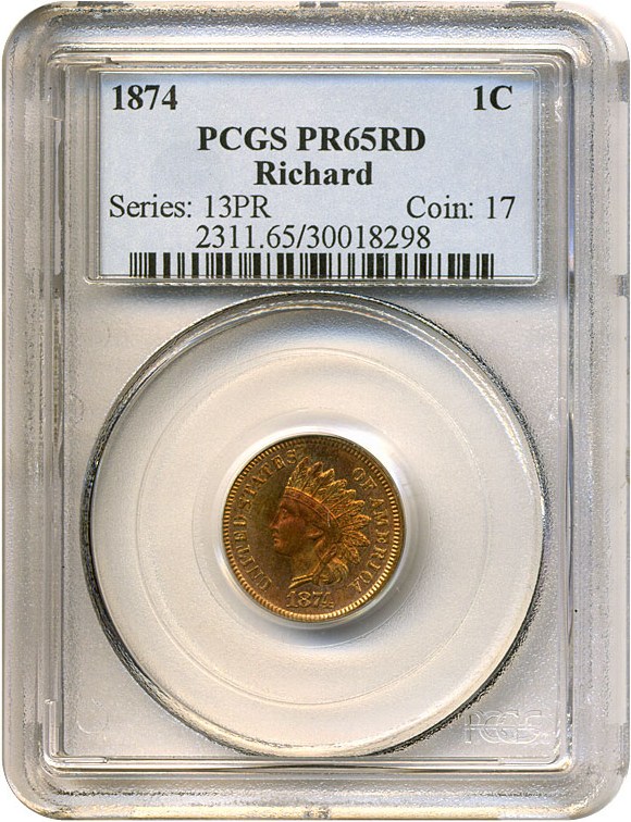 image for: 1874 1c  PCGS Proof 65 RD