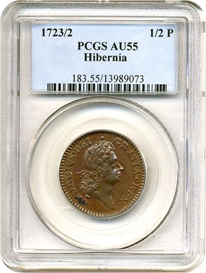 image for: 1723/2 1/2 P Hibernia PCGS AU55 BN