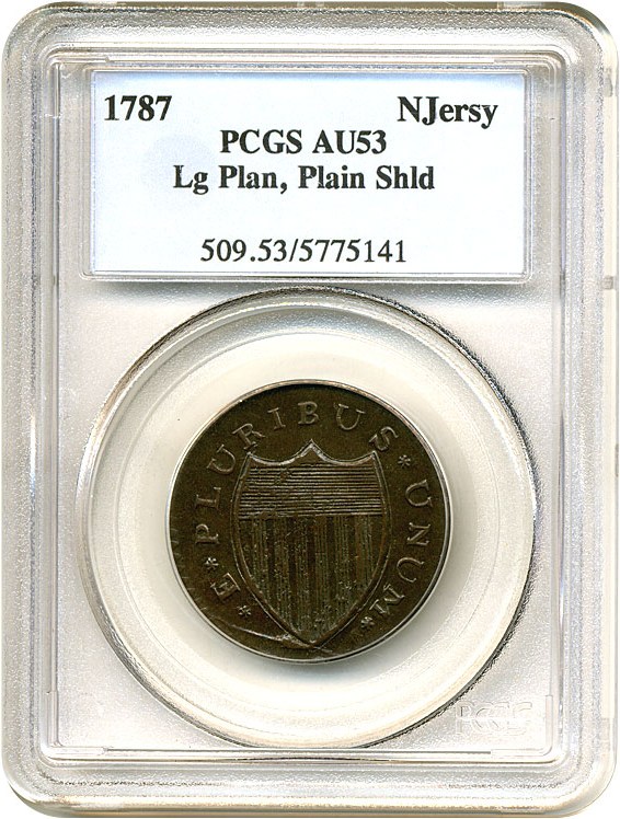 image for: 1787 New Jersey Lg Plan, Plain Shld PCGS AU53 BN