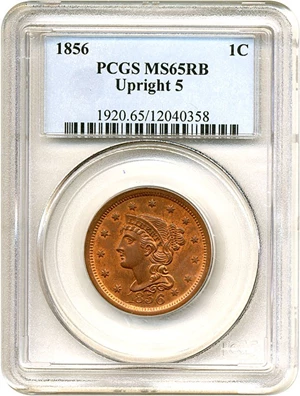 image for: 1856 1c Upright 5 PCGS MS65 RB