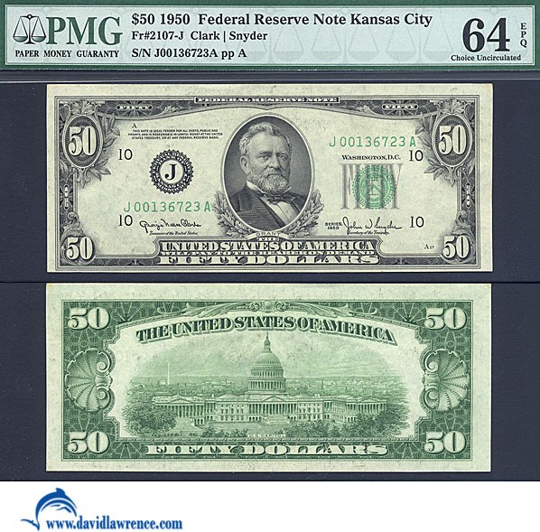 image for: Fr.2107J 1950 $50 Kansas City PMG Choice CU64  [J00136723A]