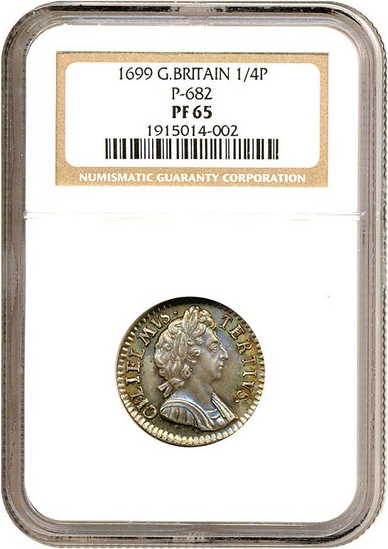 image for: Great Britain: 1699 1/4 Farthing struck in Silver NGC Proof 65 * Color *