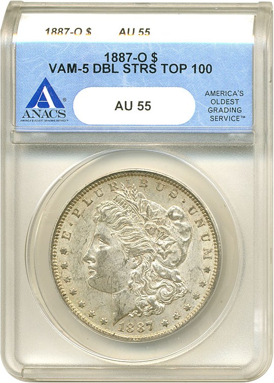 image for: Top 100 VAM: 1887-O $1 VAM 5  Doubled Stars ANACS AU55 