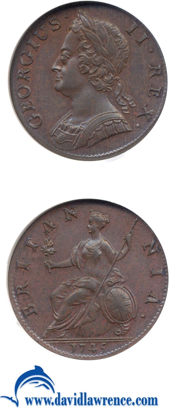image for: Great Britain: 1745 1/2 D  NGC MS62 BN
