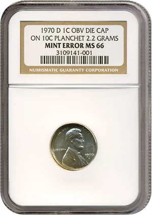 image for: 1970-D 1c NGC MS66 - Obv Die Cap On 10c Planchet 2.2 Grams
