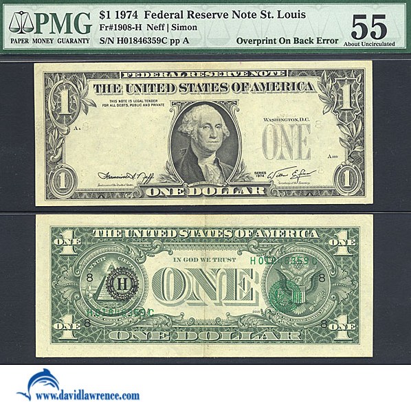 image for: Fr.1908H 1974 $1  PMG AU55  [H01846359C] *Error - Overprint on Back*