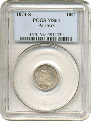image for: 1874-S 10c Arrows PCGS MS64 * Color *