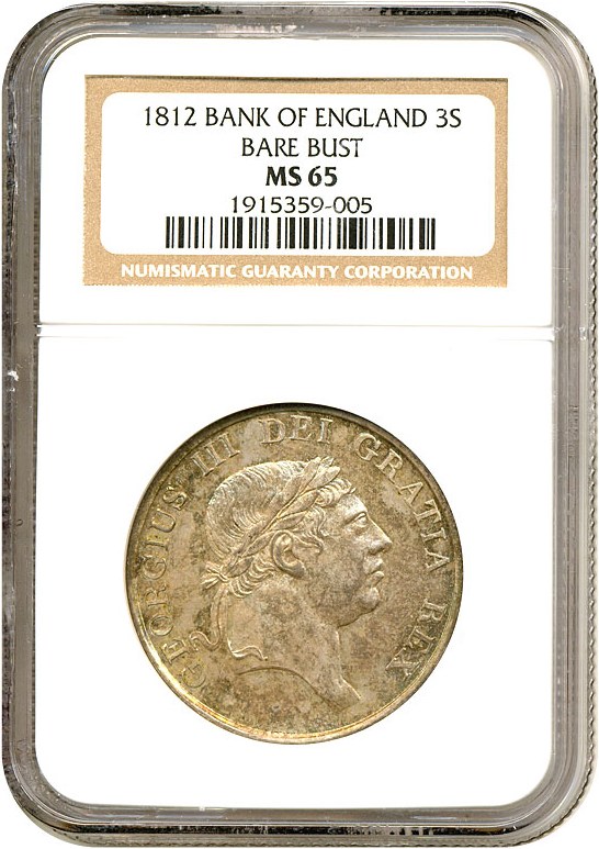 image for: Great Britain: 1812 Bank Of England 3 Shillings Bare Bust NGC MS65