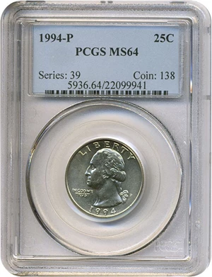image for: 1994-P 25c PCGS MS64