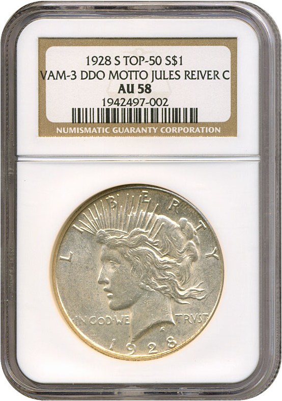 image for: Top 50 VAM: 1928-S $1 VAM 3  Doubled Motto NGC AU58 