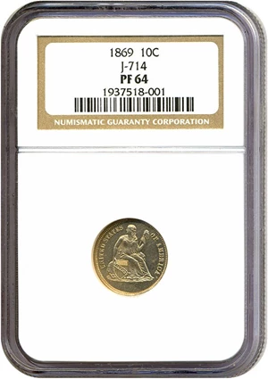 image for: Pattern: 1869 10c (Judd-715) NGC Proof 64
