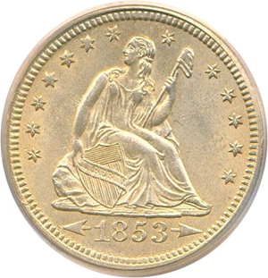 image for: 1853 25c Arrows & Rays PCGS/CAC MS64