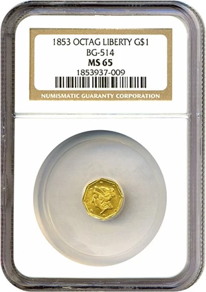 image for: Cal Gold: 1853 $1 (BG-514) NGC MS65