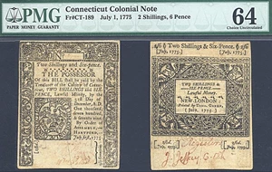 image for: Connecticut: Fr.CT189 1775 2s/6d 1-Jun PMG Choice CU64 *Slassh Cancelled*