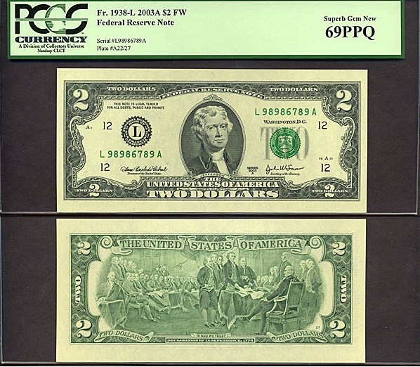 image for: Fr.1938L 2003 $2 Washington, DC PCGS Gem CU69 PPQ [L98986789A]
