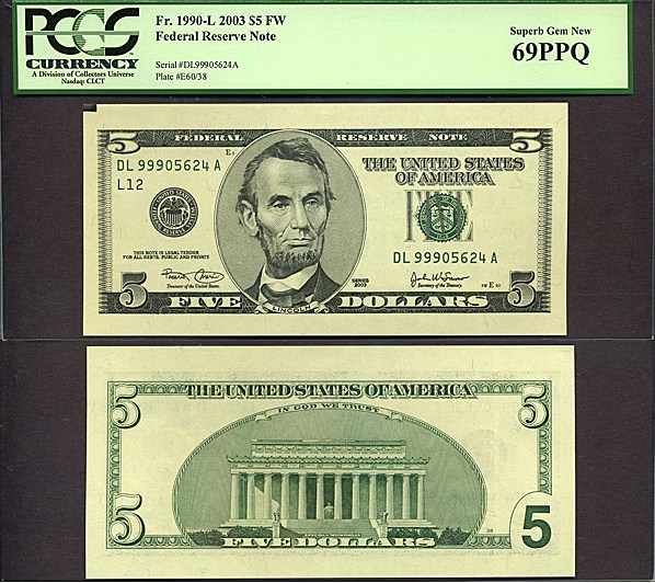 image for: Fr.1990L 2003 $5 Ft. Worth, TX PCGS Gem CU69 PPQ [DL99905624A]