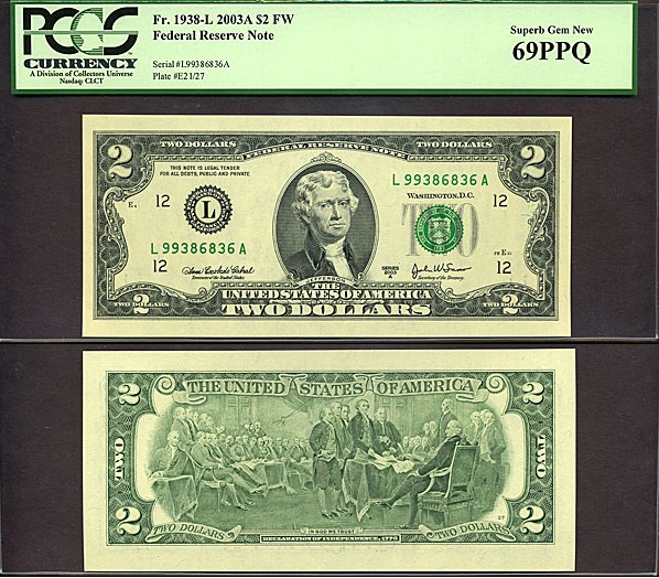 image for: Fr.1938L 2003 $2 Washington, DC PCGS Gem CU69 PPQ [L99386836A]