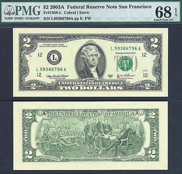 image for: Fr.1938L 2003 $2 Washington, DC PMG Gem CU68 EPQ  [L99386796A]