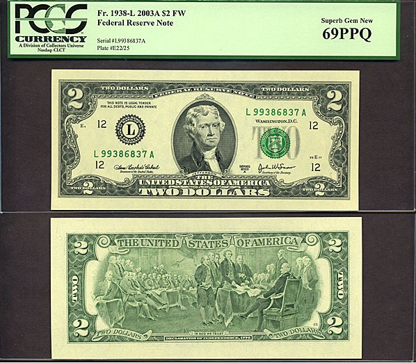 image for: Fr.1938L 2003 $2 Washington, DC PCGS Gem CU69 PPQ [L99386837A]