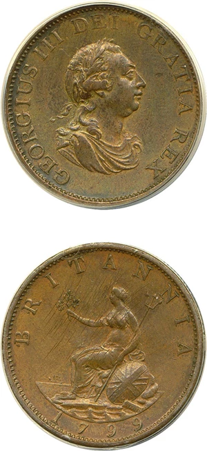 image for: Great Britain: 1799 1/2 D ANACS AU55 BN Details (Cleaned)