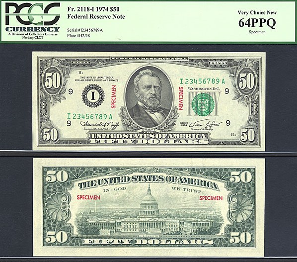 image for: Fr.2118I 1974 $50  PCGS Choice CU64 PPQ [I23456789A] *Specimen*