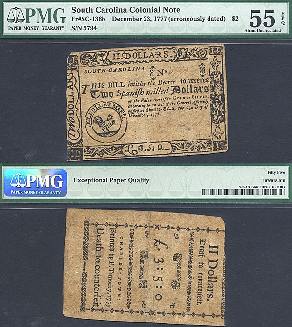 image for: South Carolina: Fr.SC136b 1777 on the back $2 23-Dec PMG AU55 EPQ [5794] *Erroneously Dated*