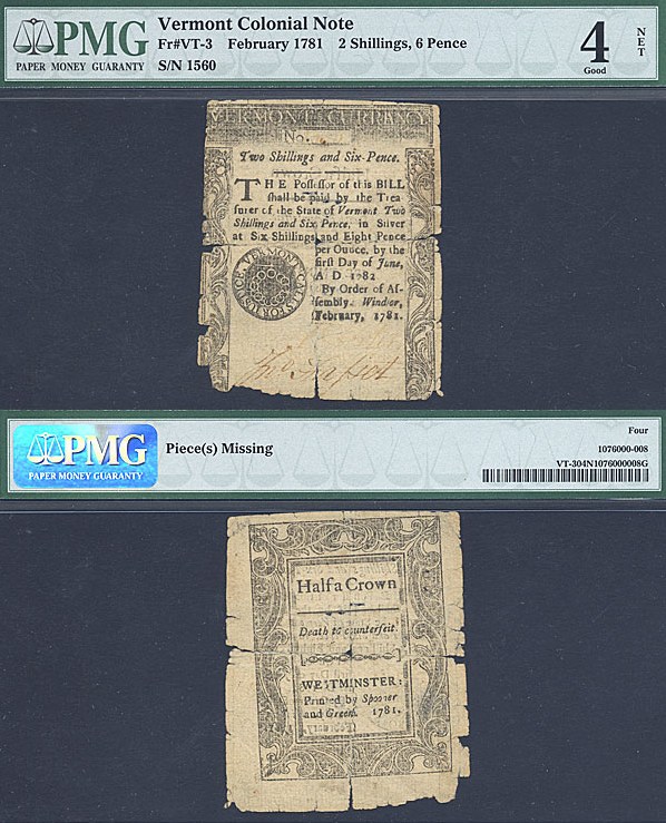image for: Vermont: Fr.VT3 1781 2s/6d February 1781 PMG Good 4 Net [1560] - Piece(s) Missing