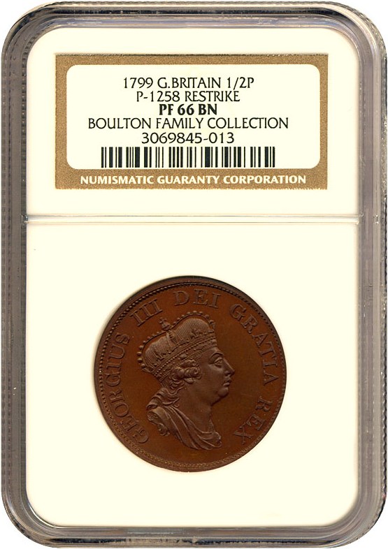 image for: Great Britain: 1799 1/2 P (P-1258) Restrike NGC Proof 66 BN ex: Boulton Family Collection