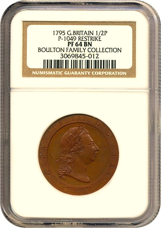 image for: Great Britain: 1795 1/2 P (P-1049) Restrike NGC Proof 64 BN ex: Boulton Family Collection