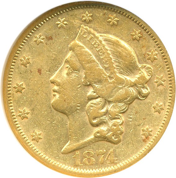 image for: 1874-CC $20  NGC AU50 