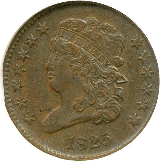 image for: 1825 1/2c  NGC AU50 BN (C-2)