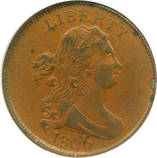 image for: 1806 1/2c Large 6-Stems NGC/CAC AU58 BN (C-4)