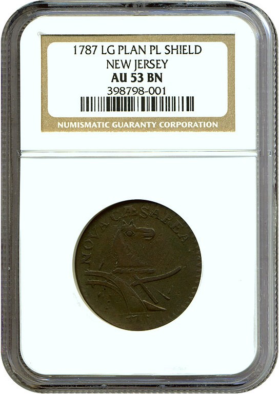 image for: 1787 New Jersey  Lg Planchet, Plain Shield NGC AU53 BN