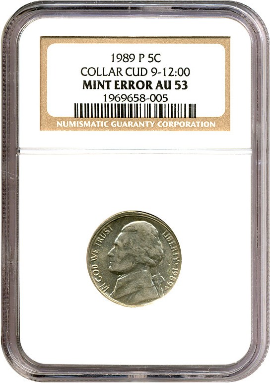 image for: Error: 1989-P 5c NGC AU53 - Collar Cud 9-12:00