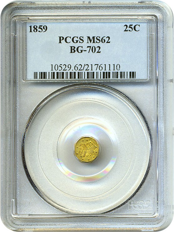 image for: Cal Gold: 1859 25c PCGS MS62 (BG-702)