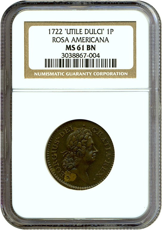 image for: 1722 Penny Rosa Amer, UTILE DULCI Pence NGC MS61 BN