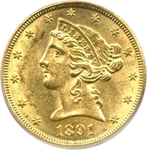 image for: 1891-CC $5 PCGS MS62