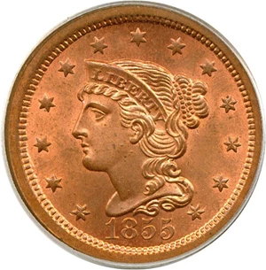 image for: 1855 1c Upright 55 PCGS MS65 RD