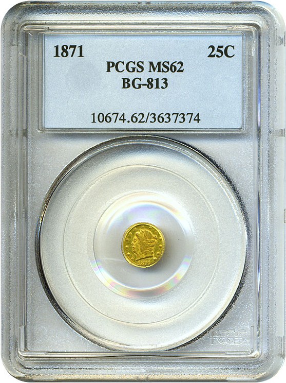 image for: Cal Gold: 1871 25c PCGS MS62 (BG-813)