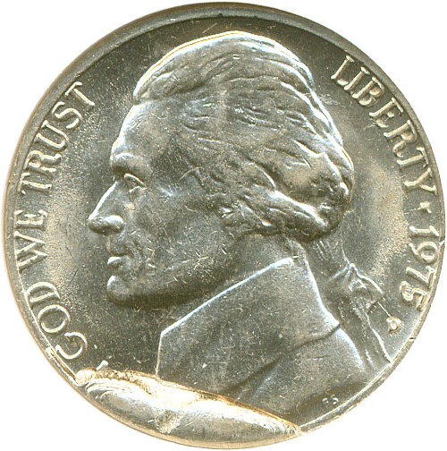 image for: Error: 1975-D 5c  NGC AU58 - Obverse Die Break JNC-75D-4