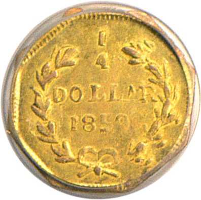 image for: Cal Gold: 1859 25c PCGS MS62 (BG-702)