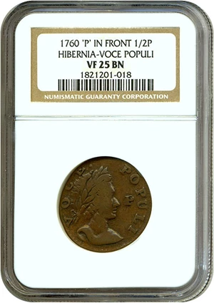 image for: 1760 1/2 P Hibernia-VOCE POPULI, P at Face NGC VF25 BN