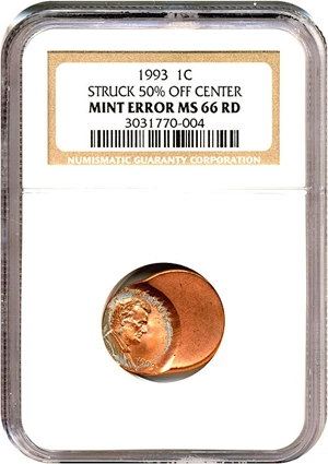 image for: Error: 1993 1c NGC MS66 RD - Struck 50% Off Center