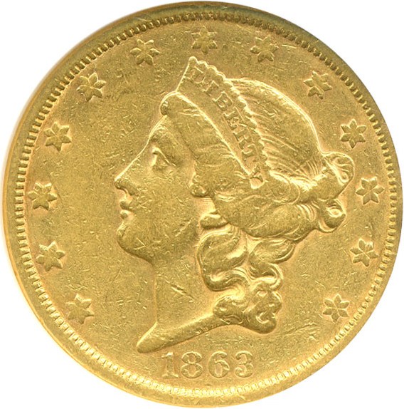 image for: 1863-S $20  NGC XF45